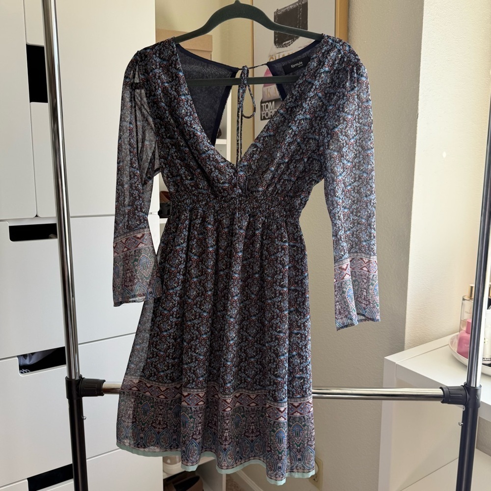 Boho Blue Patterned Long Sleeve Mini Dress Women’s Size Small